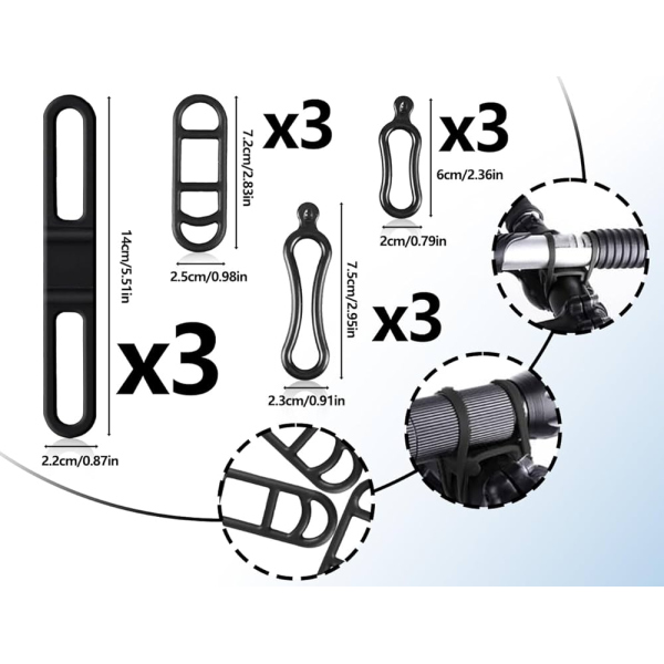 12 CHINGIETTE VARIE MISURE IN SILICONE PER ATTACCO ACCESSORI VARI ALLA BICI