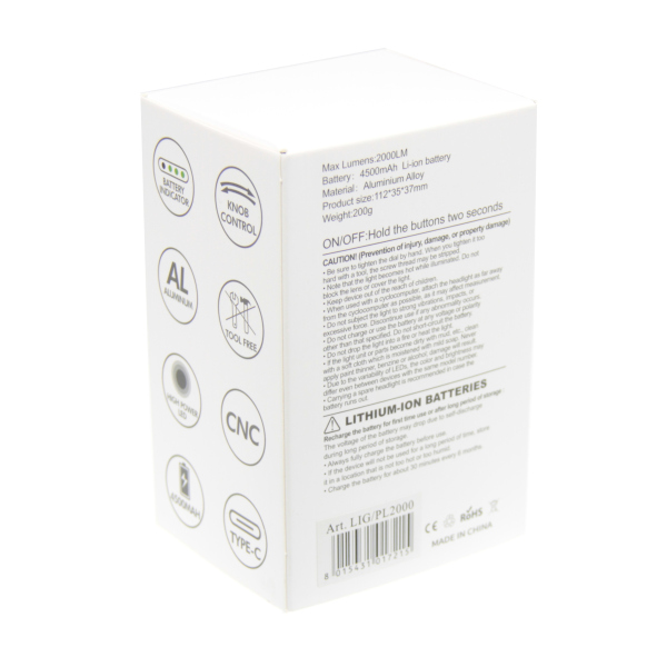 LUCE BICI ANTERIORE 2000 LUMEN CON BATTERIA INTEGRATA RICARICABILE USB